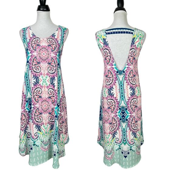 Uncle Frank Colorful Print Cut Out Back Crepe Texture Sleeveless Shift Dress - Picture 1 of 7